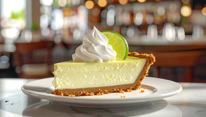 Key lime pie slice with whipped cream and lime garnish, on white plate