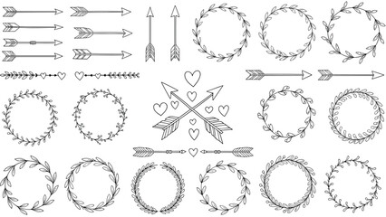Fototapeta premium Extensive collection of hand-drawn floral wreaths decorative arrows and heart elements for romantic and tribal designs.