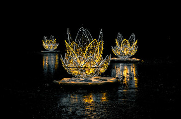 Beautiful Christmas holiday decorations. Shining garden garlands