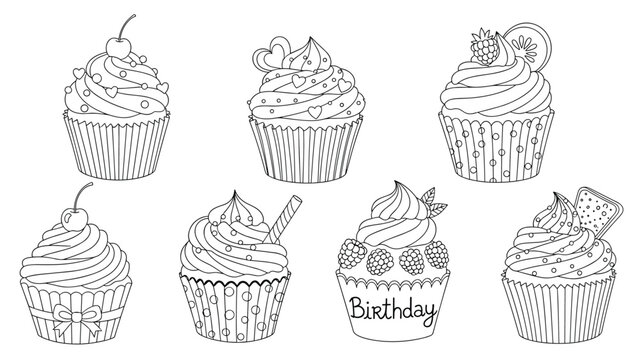 Collection of seven diverse black and white cupcake line art illustrations with various toppings like cherries and berries.