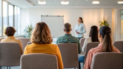 Fototapeta premium A group of individuals attentively listening to a speaker in a modern seminar room, promoting engagement and learning.
