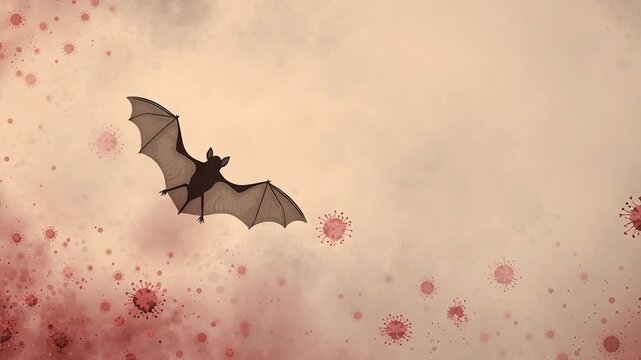 Zoonotic spillover concept illustration, fruit bat silhouette as a subtle symbol with virus particles drifting in soft haze, balanced composition, realistic textures, scientific editorial style