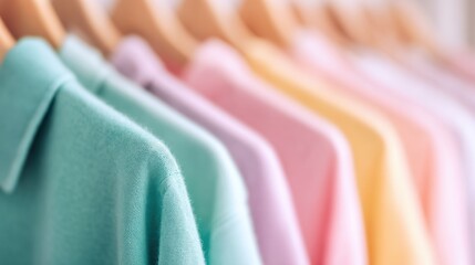 Fototapeta premium Colorful sweaters hanging on wooden hangers in a clothing store setting