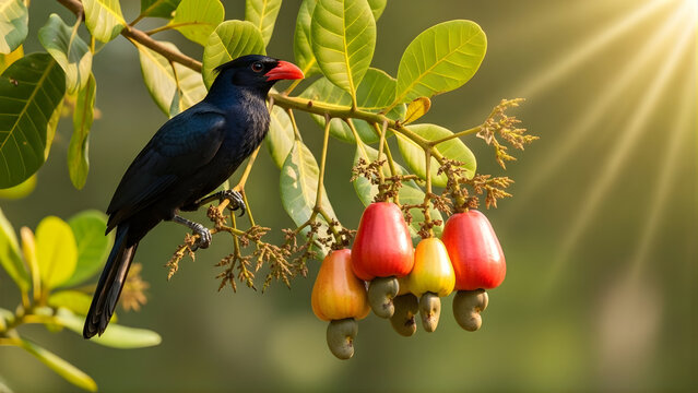 Black Phainopepla perched on cashew apple tree branch with ripe red and yellow fruit glowing in warm sunrise light