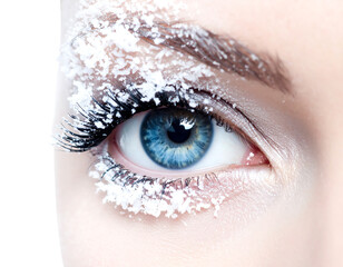 Blue eye with snow-like makeup on eyebrow and lashes. Close-up, bright lighting, light skin tone