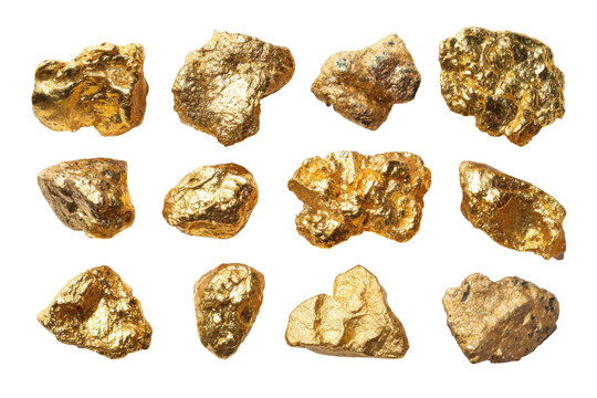 Collection of natural gold nuggets isolated on transparent background. Collection of raw gold nuggets isolated on white background.