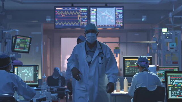 Emergency public health management scene, coordinated medical response with monitoring equipment and safety protocols, cinematic lighting, realistic healthcare setting, professional editorial 