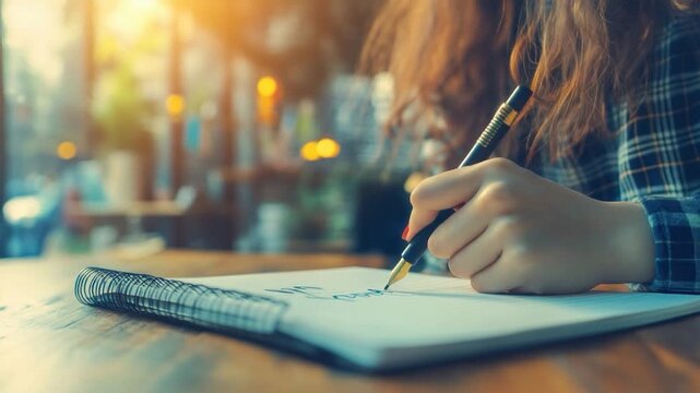 A person writes in a notebook with a pen, outdoors in warm light. Blurred background of a cafe