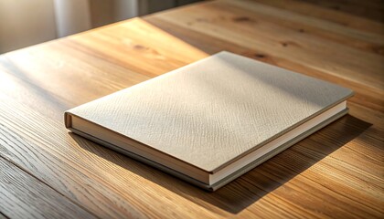 Fototapeta premium Closed Blank Hardcover Book Resting on a Wooden Table with Sunlight Streaks empty