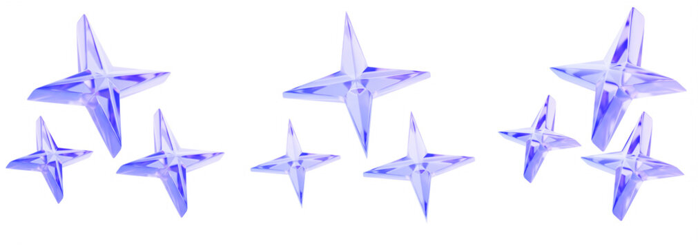 3d set of glass holographic star cluster with crystal texture in purple blue gradient colors. Luminous celestial body, abstract space object. Brightly shining stars isolated on white