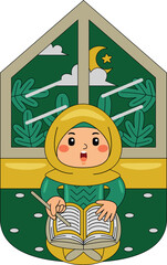 Girl Reading Quran Vector Illustration