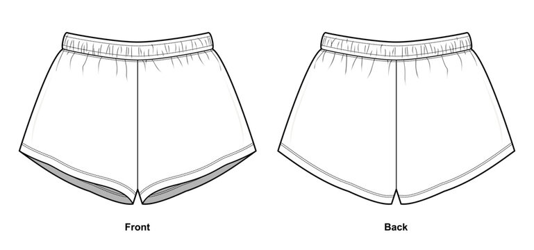 Unisex Athletic Running Shorts Fashion Flat - Elastic Waist Sport Shorts with Curved dolphin-style hem. Front and back views.