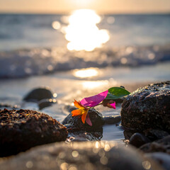 Flower on rocks near ocean, sun setting over water, blurred background, calm, peaceful, and warm scene