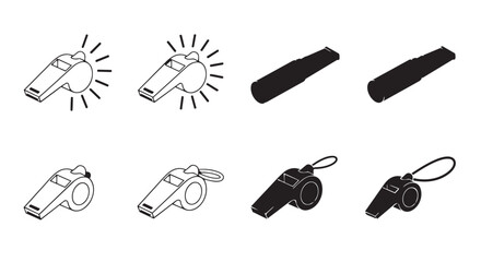 Fototapeta premium Whistle Icons Set Isolated on White Background. Sport Referee and Coach Sound Signal Symbols.
