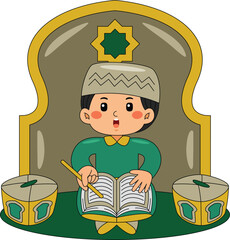 Boy Reading Quran in Mosque Vector Illustration