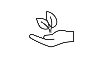 Hand holding small plant, outline. Growth, hope, caring symbol. Simple line drawing on white background