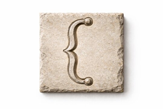 Professional studio photo medieval curly bracket sign carved chiseled limestone relief tile with deep grooves worn edges and light stone dust flat centered with wide copy space
