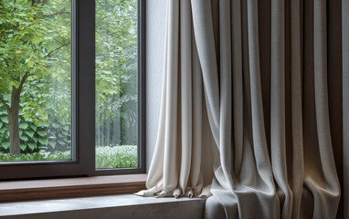 Soft curtains frame a serene view of lush greenery outside a modern window during daylight