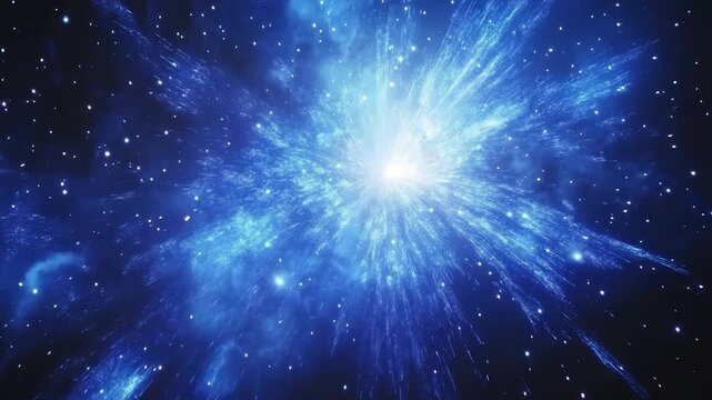 A luminous explosion of light and energy radiates from a central core, surrounded by a starry field