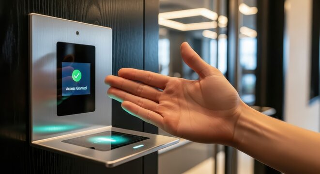 Person authorizes entry using advanced biometric palm scanning technology near an illuminated entry panel