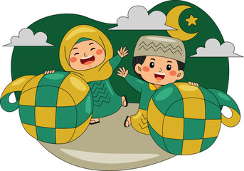 Boy and Girl Holding Ketupat Vector Illustration