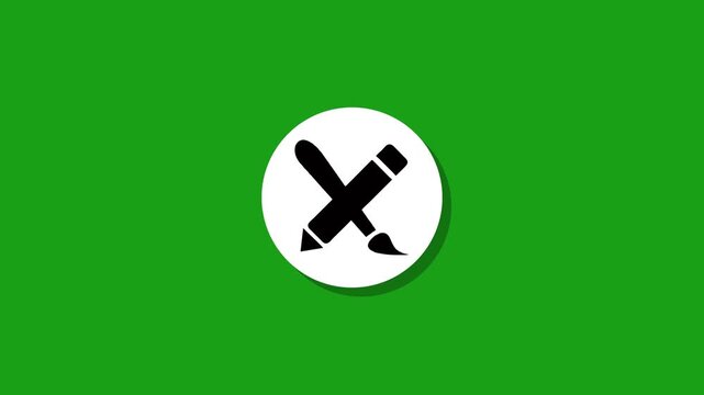 Graphic animation of a black pencil and paintbrush icon appearing on a white circle, ideal for creative and design-related video projects on green screen