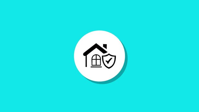 Home insurance icon animation on blue background featuring white circle with house and shield symbol representing safety