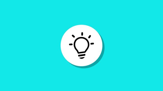 Minimalist light bulb icon appearing on white circle with shadow over bright turquoise background in smooth motion