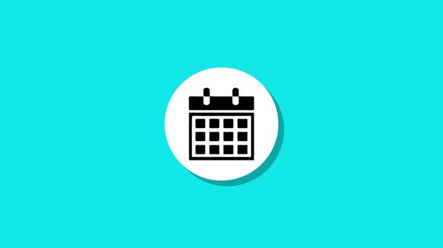 Clean animation of a black calendar icon in a white circle with a shadow, appearing and disappearing on a vibrant turquoise background for versatile graphic design
