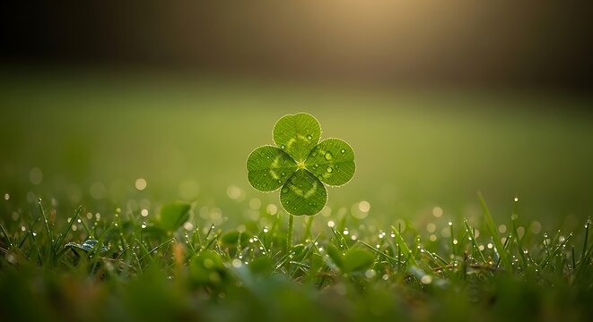 Lucky four leaf clover on st patrick's day celebrations with green grass and sunlight
