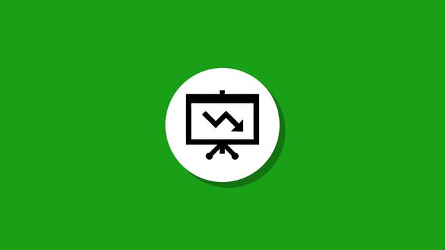 Animated white circle with a shadow reveals a black presentation board icon with a downward trending arrow in a seamless loop on a green screen background