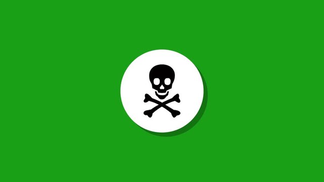 Skull and crossbones icon motion graphic on green screen background representing danger or pirate warning symbol
