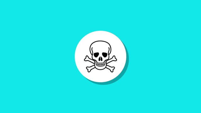 Skull and crossbones icon animation on blue background with shadow effect for warning concept