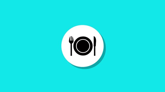 A motion graphic of a white circle on a blue background transforming into a black dining icon with a plate, fork, and knife