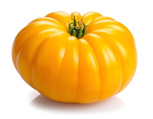 Obraz premium A ripe, yellow tomato against white background with green stem