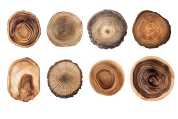 Naklejka premium Eight different cross sections of wood isolated on transparent background. Collection of assorted wood slice textures isolated on white background.