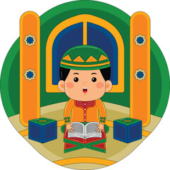 Boy Reading Quran at Mosque Vector Illustration