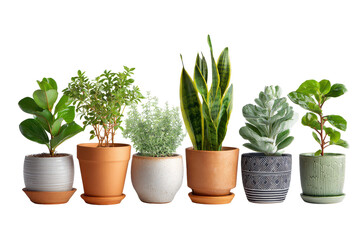 Obraz premium Collection of potted houseplants in decorative pots isolated on transparent background. Various potted houseplants arranged in a row display isolated on white background.