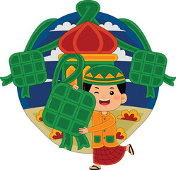Boy Holding Ketupat Vector Illustration