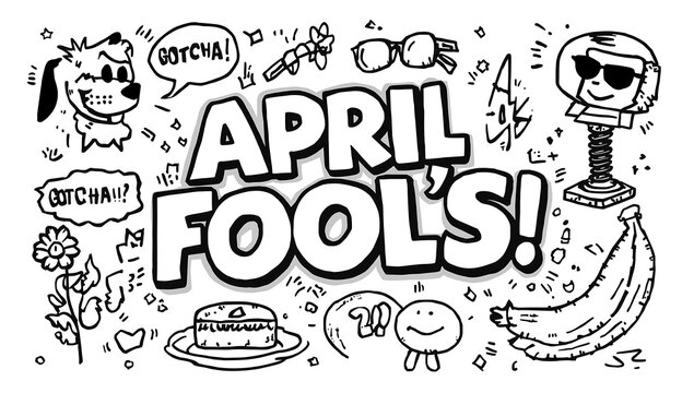 Black and white hand-drawn doodle art for April Fools Day with pranks and characters illustration