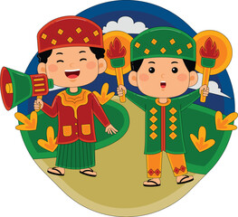 Children Islamic Celebration with Megaphone and Torch