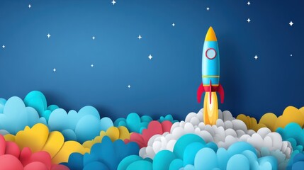 Fototapeta premium Rocket launches into the sky from colorful clouds in a bright setting
