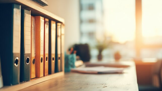 Binders on a desk with warm light coming through the window at sunset