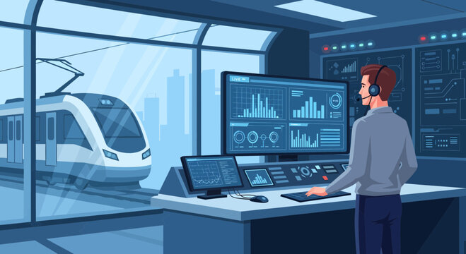 Train Control Room Operator Monitoring Rail Network Systems
