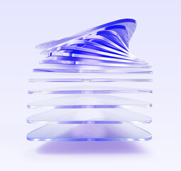 Glass layered 3d shape with twisted transparent effect, light purple gradient. Modern architecture pattern, infographic element for business presentation, futuristic tech, data array. 3D illustration