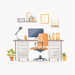 Fototapeta premium Minimal Modern Workspace Vector Illustration With Office Desk, Chair and Computer
