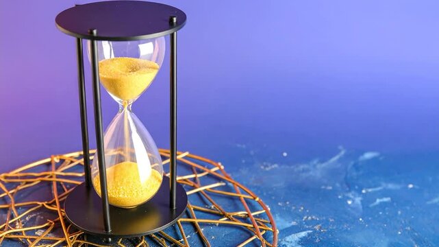 A timekeeping device with yellow sand in a glass chamber, on a gold-colored wire frame