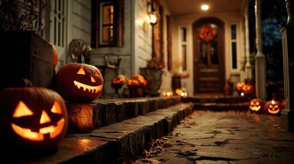 Obraz premium Atmospheric Glowing Jack O'Lanterns Front Porch Halloween Night Decoration