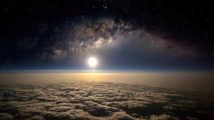 Night view of milky way and planet above clouds