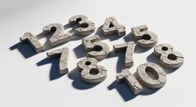 Cracked Stone Numbers 1-10 on White Background, Counting, Education, Math Concept